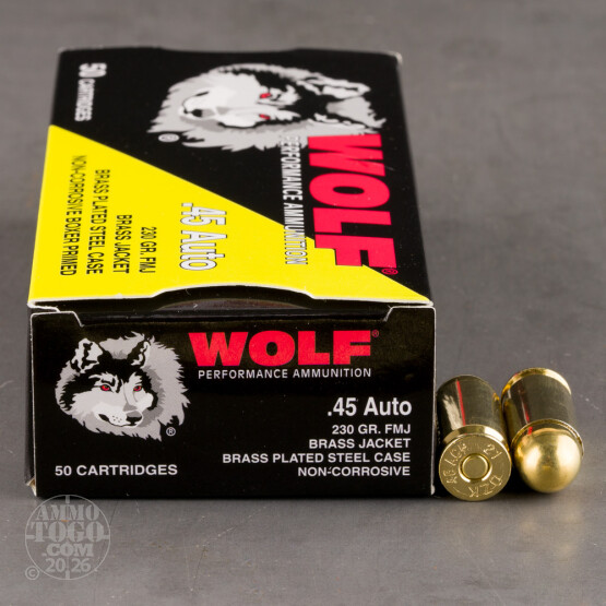 50rds – 45 ACP Wolf 230gr. FMJ Ammo ***STEEL CASES***
