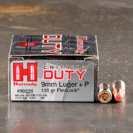 250rds – 9mm +P Hornady Critical Duty 135gr. FlexLock Ammo