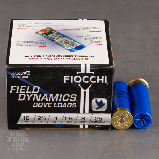 25rds - 16 Gauge Fiocchi Game and Target 2-3/4" 1oz. #8 Shot Ammo