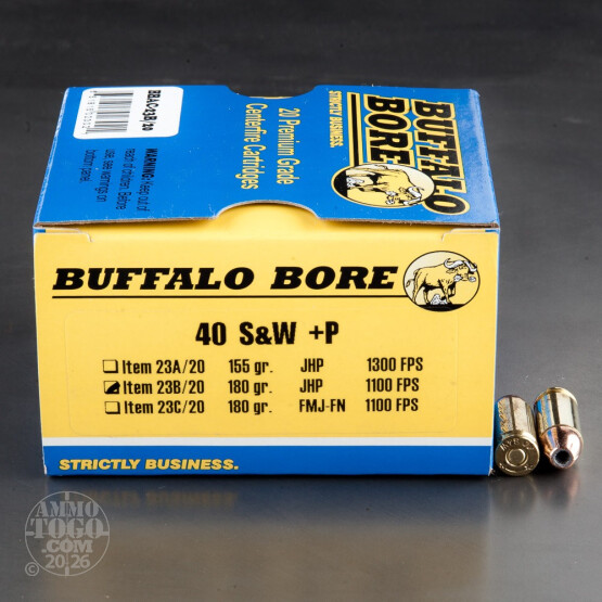 20rds - 40 S&W +P Buffalo Bore 180gr. JHP Ammo