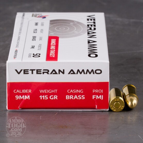 50rds – 9mm Veteran Ammo 115gr. FMJ Ammo