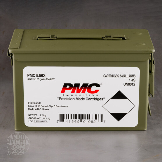 840rds – 5.56x45 PMC X-TAC 55gr. FMJBT Ammo in Banodlier in Ammo Can