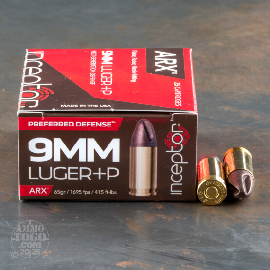 25rds – 9mm +P Inceptor 65gr. ARX Ammo