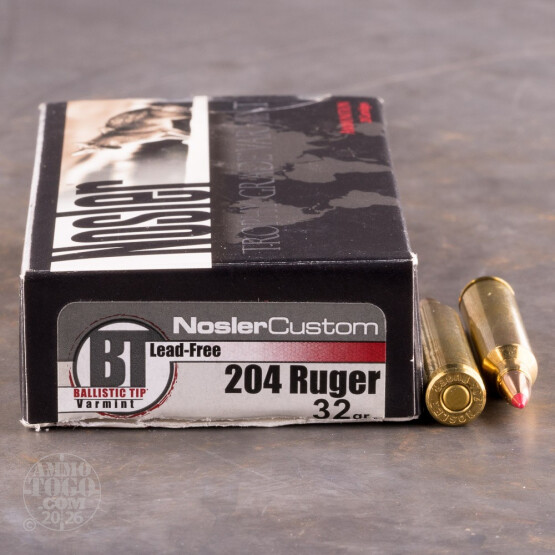 20rds - 204 Rug NoslerCustom 32gr. Lead-Free Ballistic Tip Ammo