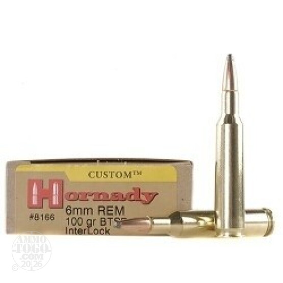 20rds - 6mm Rem. Hornady 100gr. Interlock Boat-Tail Spire Point Ammo