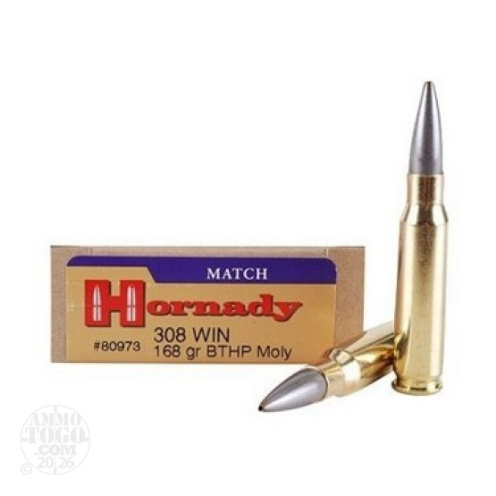 20rds - .308 Hornady Match 168gr. Moly Coated Boattail HP Ammo