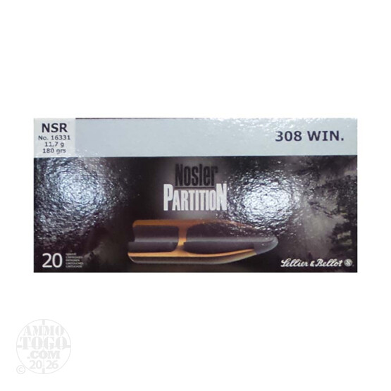 20rds - 308 Sellier & Bellot 180gr. Nosler Partition Ammo