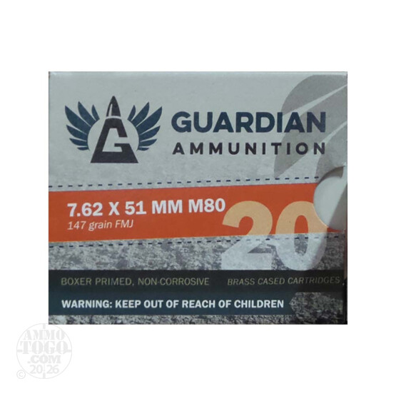 20rds – 7.62x51mm Guardian Ammunition 147gr. FMJ M80 Ammo
