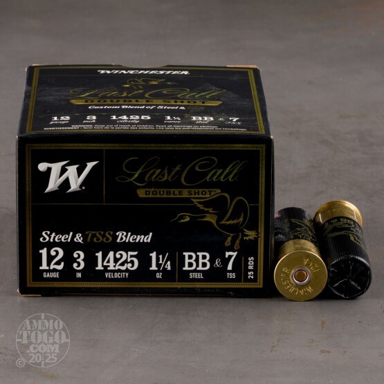 25rds – 12 Gauge Winchester Last Call Double Shot 3" 1-1/4oz. BB Steel Shot & #7 TSS Ammo