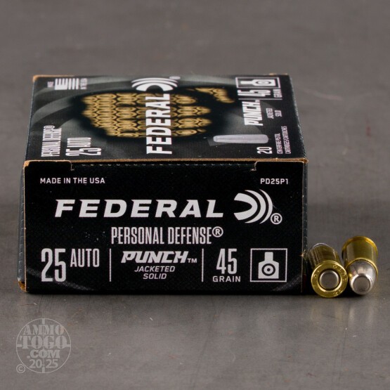 20rds – 25 ACP Federal Punch 45gr. Jacketed Solid Ammo