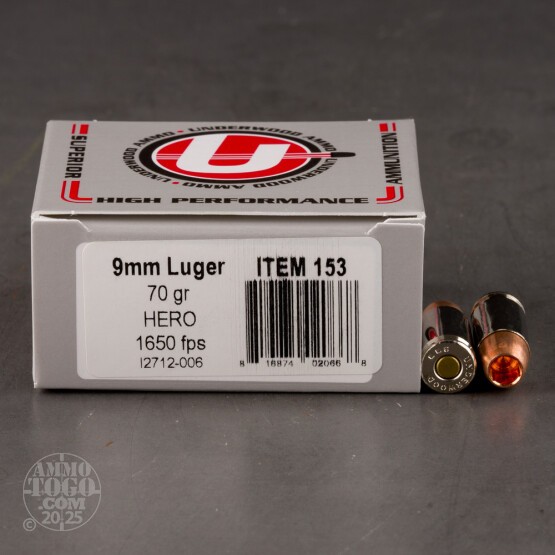 20rds – 9mm Underwood 70gr. HERO Maximum Expansion Ammo