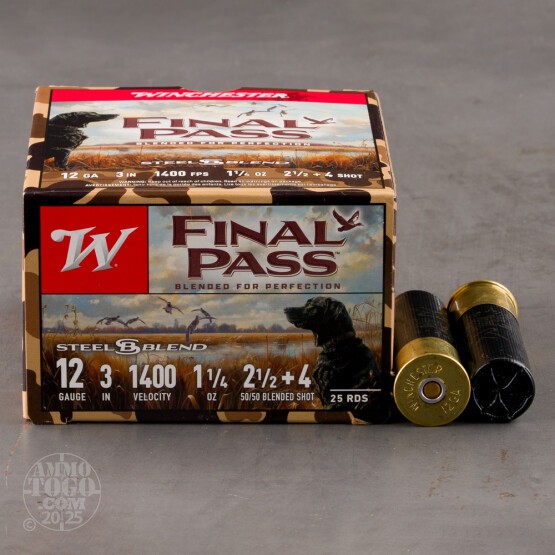 25rds – 12 Gauge Winchester Final Pass 3" 1-1/4oz. #2.5 & #4 Steel Shot Ammo