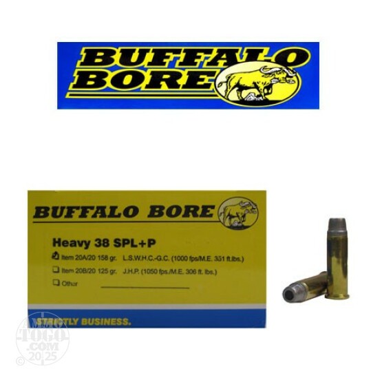 20rds - 38 Special Buffalo Bore 158gr. +P Lead Semi Wadcutter HP Ammo