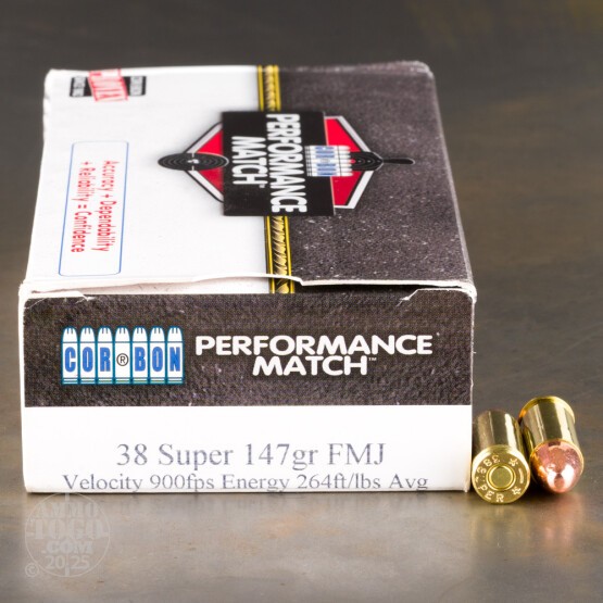 50rds - 38 Super Auto Corbon 147gr. Performance Match FMJ Ammo