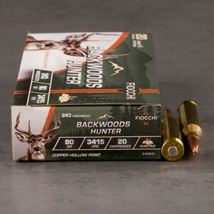 20rds – 243 Win Fiocchi Backwoods Hunter 80gr. CHP Ammo