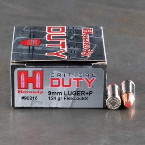 250rds – 9mm +P Hornady Critical Duty 124gr. JHP Ammo