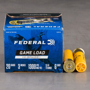 25rds – 20 Gauge Federal Game Load Upland Hi-Brass 3" 1-1/4oz. #6 Shot Ammo