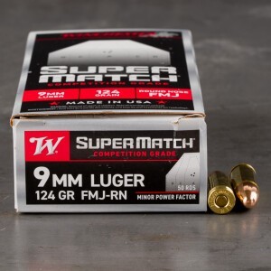 50rds – 9mm Winchester Super Match Minor Power Factor 124gr. FMJ RN Ammo