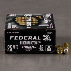 20rds – 25 ACP Federal Punch 45gr. Jacketed Solid Ammo