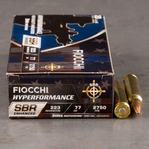 20rds – 223 Rem Fiocchi Hyperformance SBR Enhanced 77gr. HPBT MatchKing Ammo