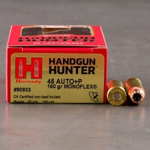 20rds – 45 ACP +P Hornady Handgun Hunter 160gr. MonoFlex Ammo