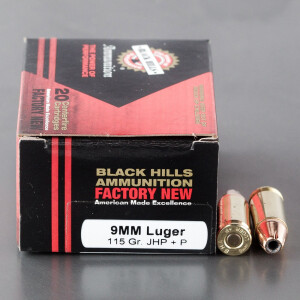 20rds - 9mm Luger Black Hills 115gr. +P JHP Ammo