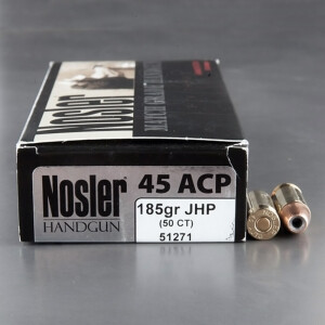 50rds - 45 ACP Nosler Match Grade Handgun 185gr. JHP Ammo