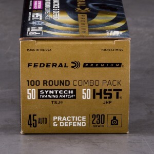 100rds – 45 ACP Federal Practice & Defend 230gr. HST JHP & Syntech TSJ Ammo