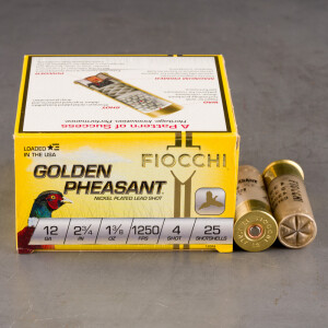25rds - 12 Gauge Fiocchi Golden Pheasant 2 3/4" 1 3/8oz. #4 Shot Nickel Plated Ammo
