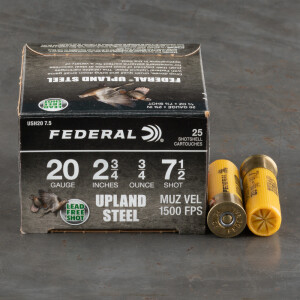 250rds – 20 Gauge Federal Upland Steel 2-3/4" 3/4oz. #7.5 Shot Ammo 250rds – 20 Gauge Federal Upland Steel 2-3/4" 3/4oz. #7.5 Shot Ammo