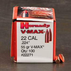 100pcs - 22 Cal .224" Dia Hornady 55gr. V-Max Polymer Tip Bullets 100pcs - 22 Cal .224" Dia Hornady 55gr. V-Max Polymer Tip Bullets