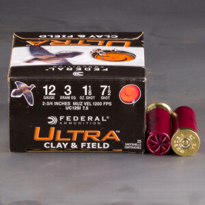 25rds - 12 Gauge Federal Ultra Clay & Field 2 3/4" 1 1/8 Ounce #7.5 Shot Ammo 25rds - 12 Gauge Federal Ultra Clay & Field 2 3/4" 1 1/8 Ounce #7.5 Shot Ammo