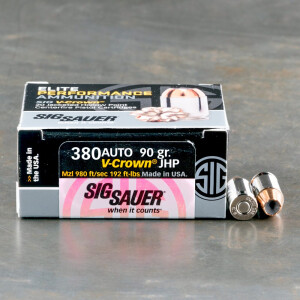 20rds - 380 ACP Sig-Sauer Elite Performance Ammunition 90gr. V-Crown JHP Ammo