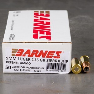 50rds – 9mm Barnes Defense 115gr. JHP Ammo