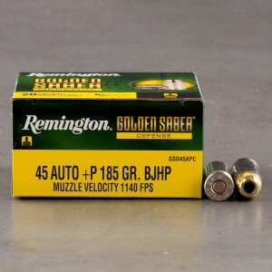 20rds – 45 ACP +P Remington Golden Saber Defense 185gr. BJHP Ammo