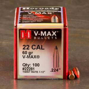 100pcs - 22 Cal .224" Dia Hornady 60gr. V-Max Polymer Tip Bullets 100pcs - 22 Cal .224" Dia Hornady 60gr. V-Max Polymer Tip Bullets