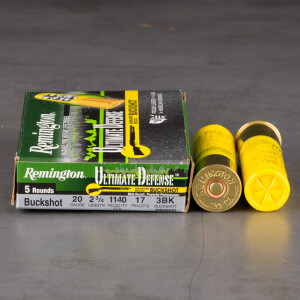 5rds – 20 Gauge Remington Ultimate Defense 2-3/4" 17 Pellets #3 Buckshot Ammo 5rds – 20 Gauge Remington Ultimate Defense 2-3/4" 17 Pellets #3 Buckshot Ammo