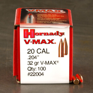 100pcs - 20 Cal .204" Dia Hornady V-Max 32gr. Polymer Tip Bullets